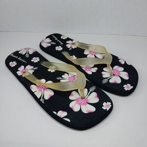 Beach Basics Women's size 10 Black and Pink Floral square toe Flip Flop Sandals